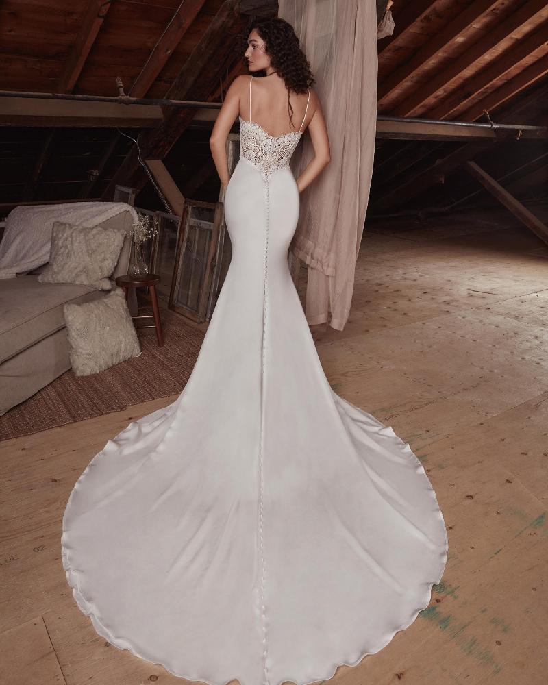 Lp2129 simple satin wedding dress with lace and spaghetti straps2